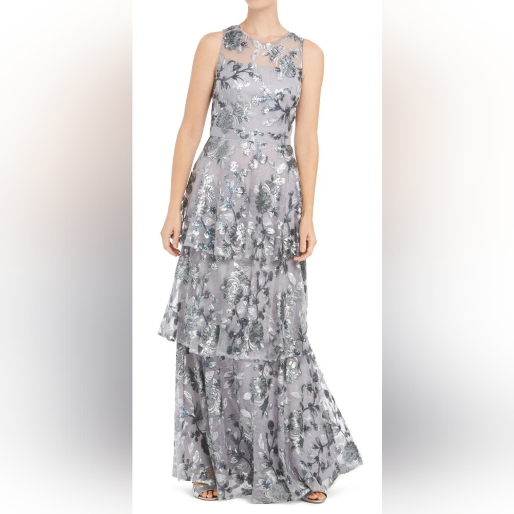 Calvin Klein Silver Gray Tiered Sequin Floral Maxi Skirt